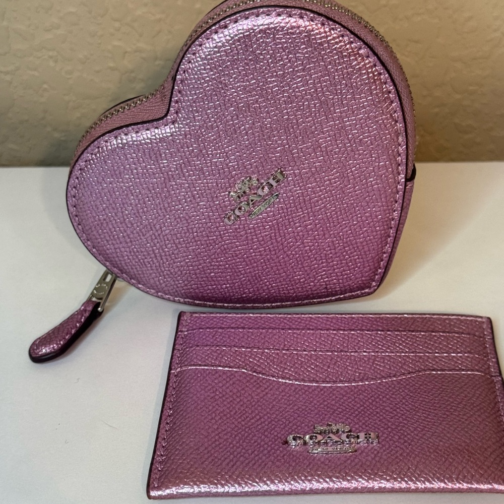 💖 COACH Metallic Pink Heart Coin & Card Case Set 💖